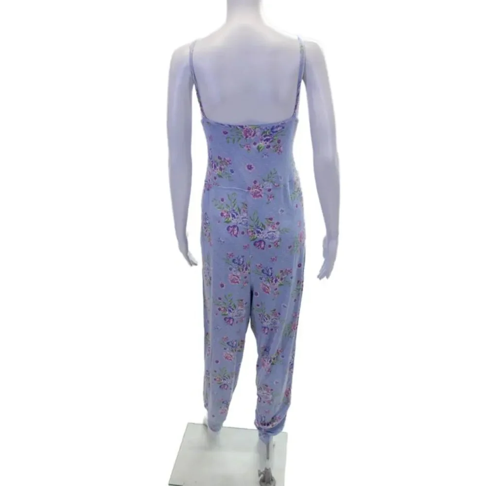 You Say Womens Floral Print Pocketed Spaghetti Strap Jumpsuit Blue Size M